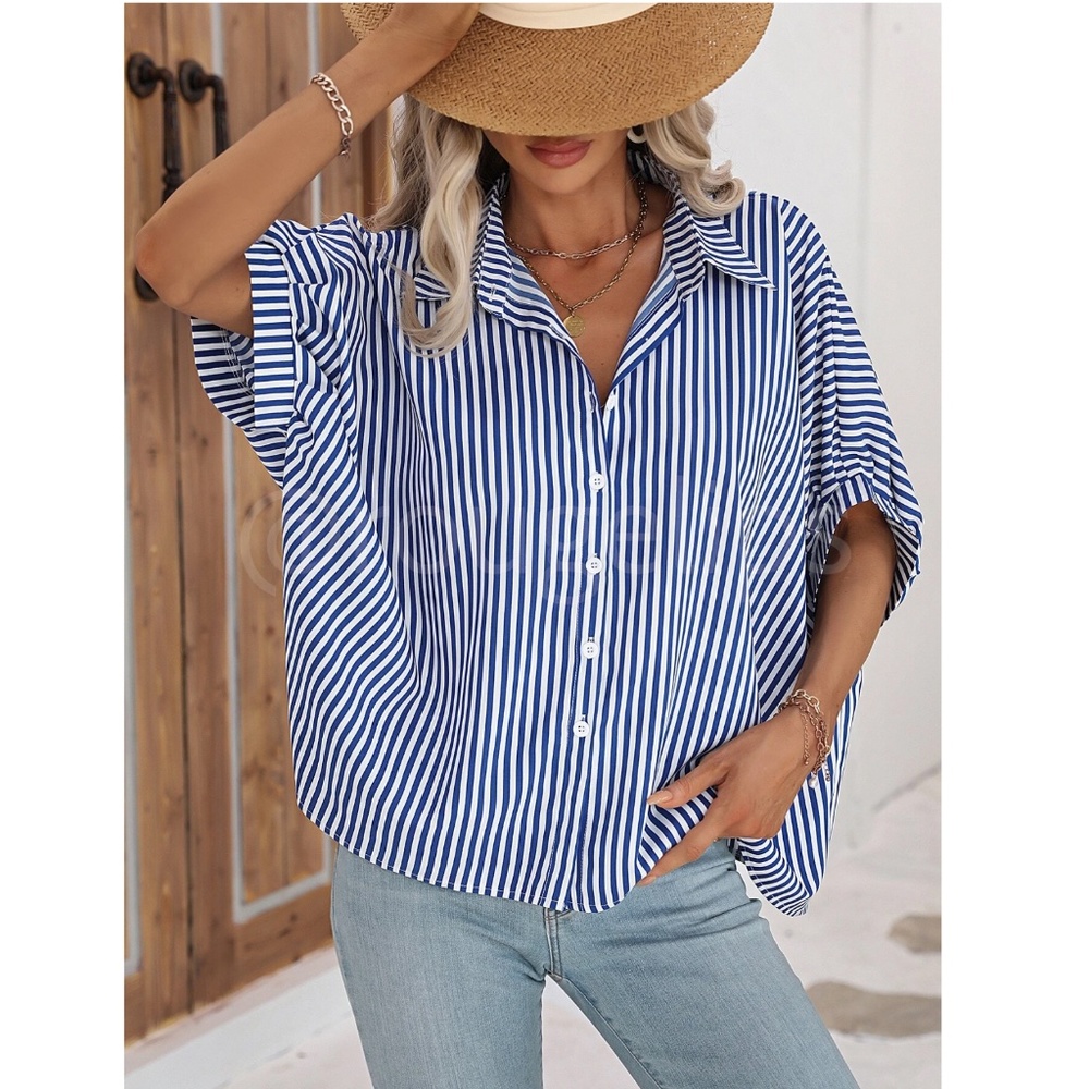 Striped Blue White Button Up Front Shirt Oversized Half Sleeve Collar - Picture 7 of 9